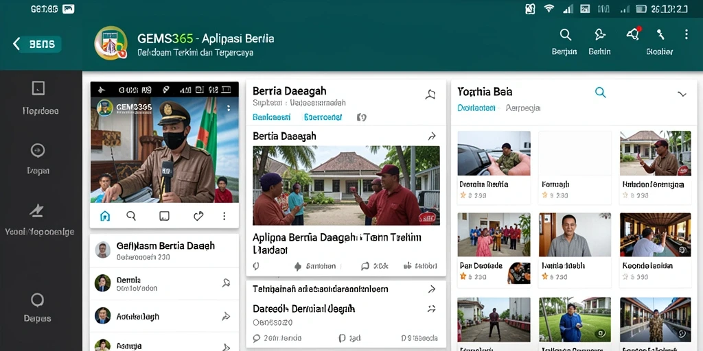 Antarmuka GEMS365 dengan tampilan berita daerah yang informatif.