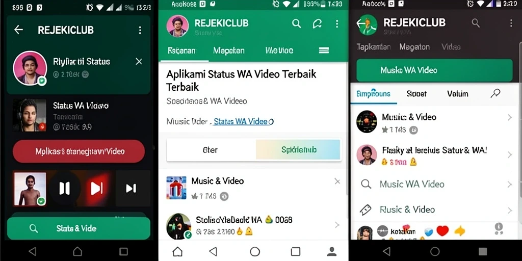 Antarmuka aplikasi REJEKICLUB menampilkan koleksi video status yang menarik.