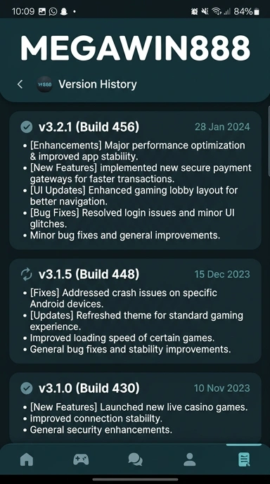 Riwayat Versi Aplikasi megawin888 untuk Android